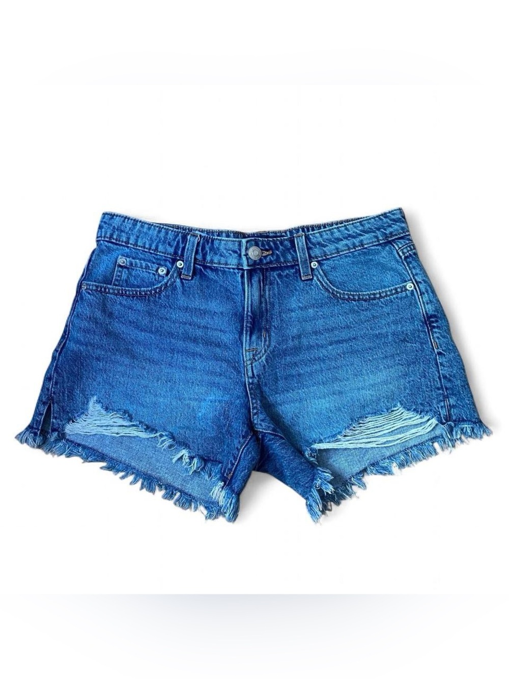 Aeropostale Distressed Mid-Rise Baggy Blue Denim Shorts with Fray Details